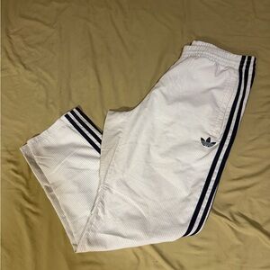 adidas White Track Pants with Navy Stripes and Trefoil